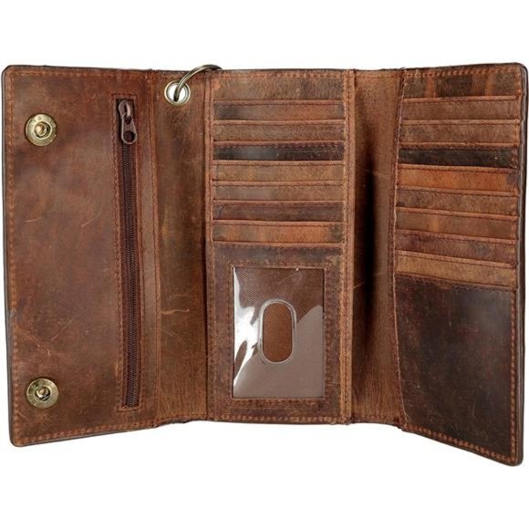 Crazy Horse Leather RFID Long Trifold Chain Wallet For Men - Picture 5 of 6